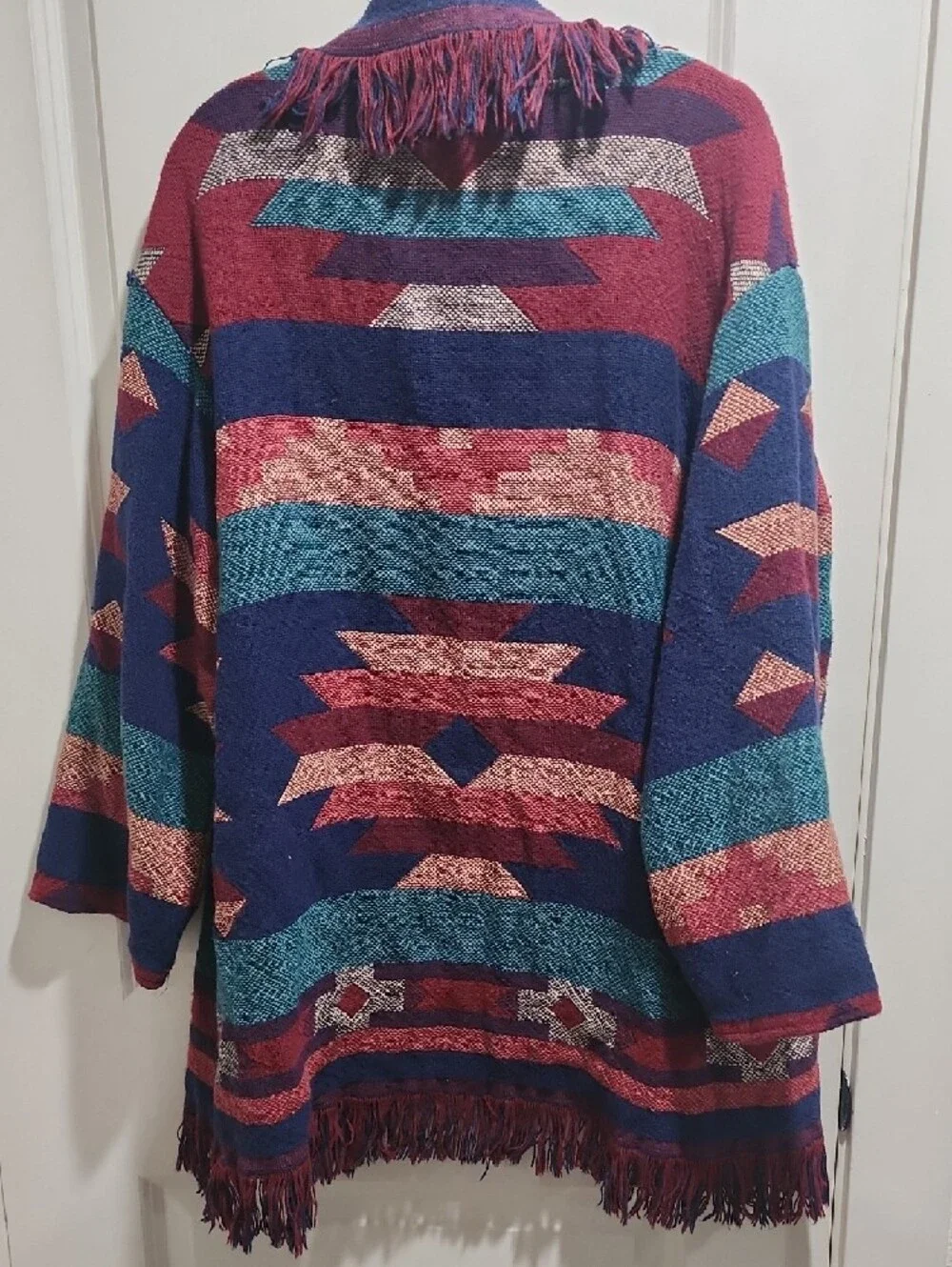 Vintage Southwestern Fringe Blanket Jacket – Aztec Tribal Boho Western Coat OS
